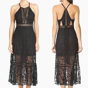 Free People Anastasia Halter Black Lace Crochet Midi Cut Out Sheer Dress 0